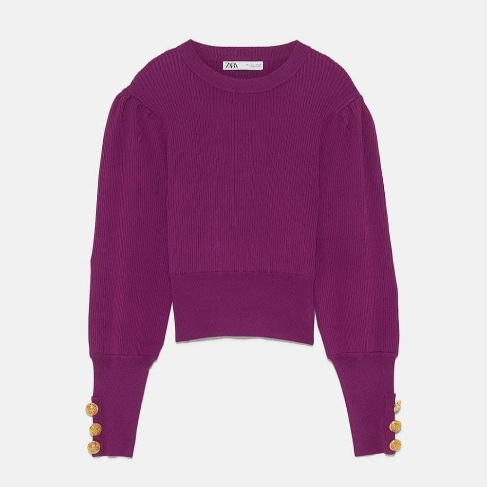 Zara Purple Puff-Sleeve Ribbed Knit Sweater Size S Minimalist Feminine Retro 80s - Picture 4 of 11